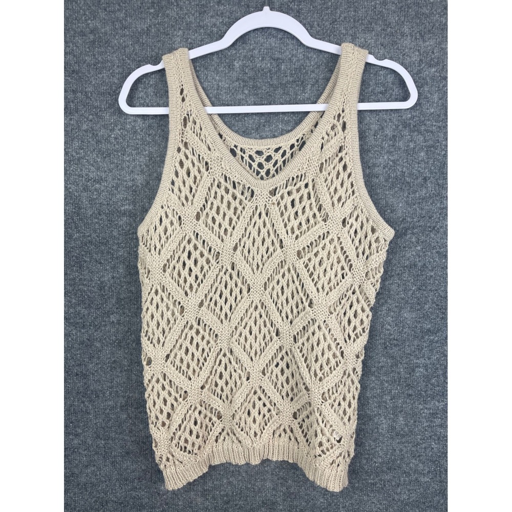 Crochet Tank Top Womens M Beige Excellent Diamond Open Knit Sweater Vest